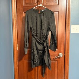 Women’s Black Long-Sleeve Satin Wrap Dress